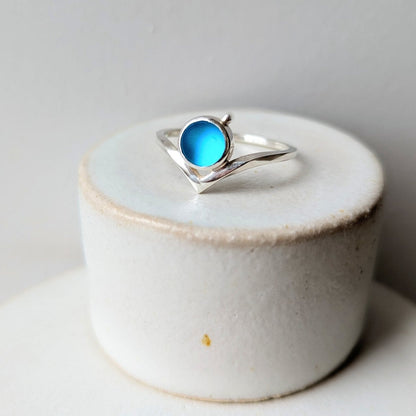 Bright Mesmerising Blue Sea Glass Wishbone Silver Ring - Booblinka Jewellery