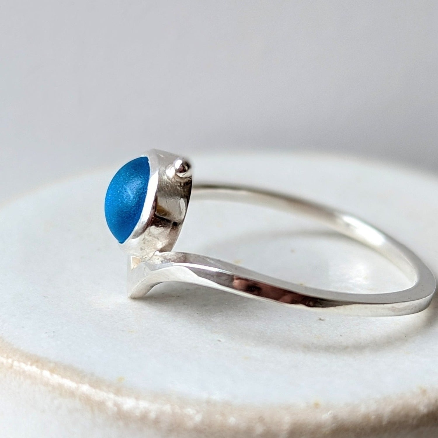 Bright Mesmerising Blue Sea Glass Wishbone Silver Ring - Booblinka Jewellery