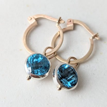 Gold hoop earrings with removable charms with Swiss blue topaz from Ocean Collection by Booblinka Jewellery