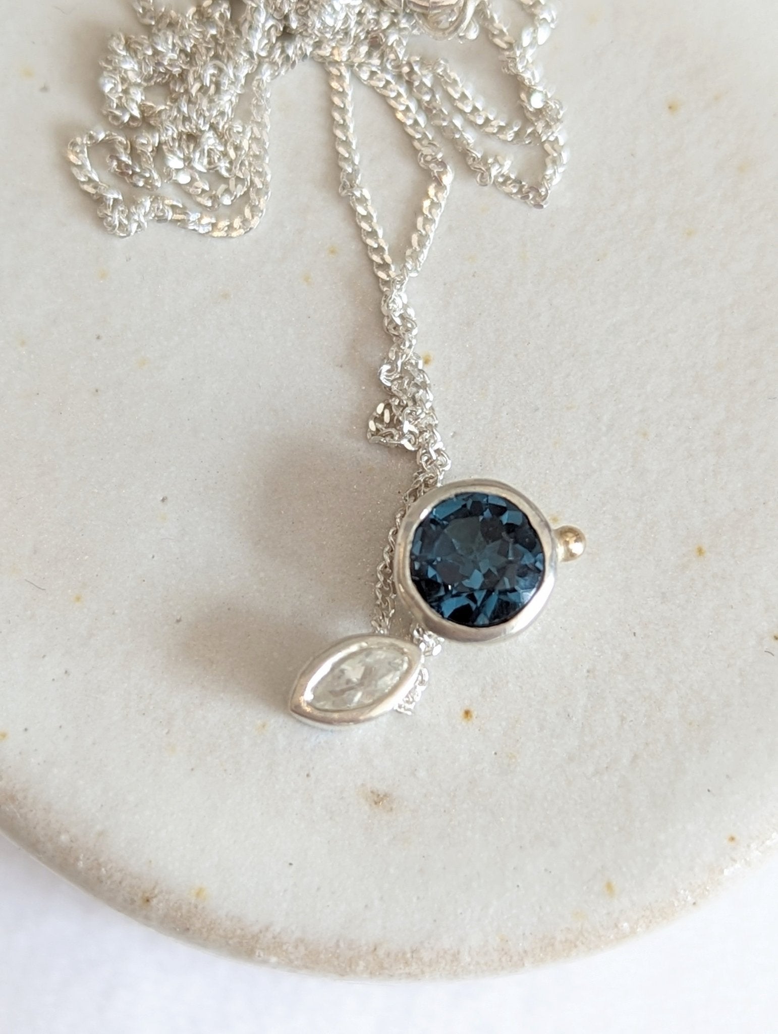 Dainty Silver Aida Necklace with London Blue Topaz and Marquise White Zircon - Ocean Collection - Booblinka Jewellery