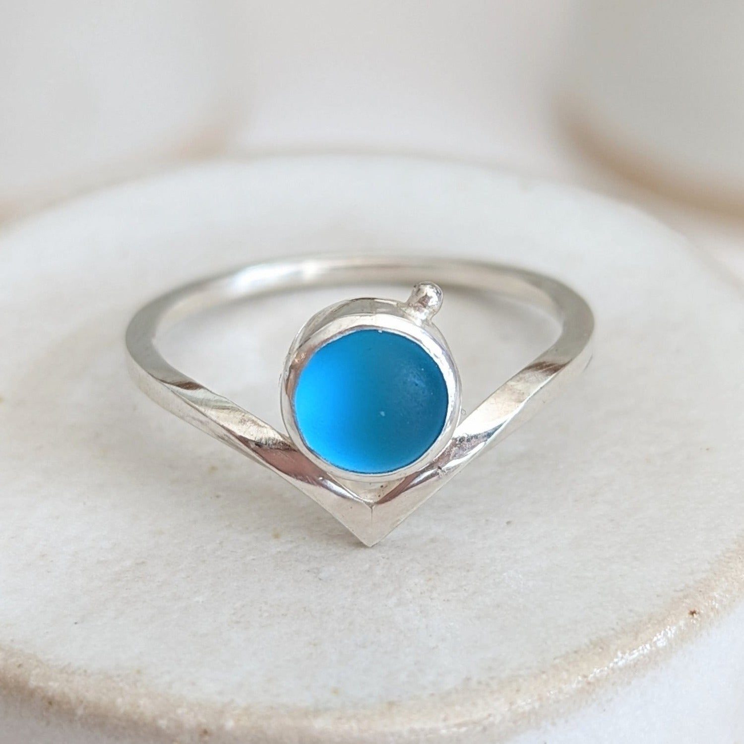 Bright Mesmerising Blue Sea Glass Wishbone Silver Ring - Booblinka Jewellery