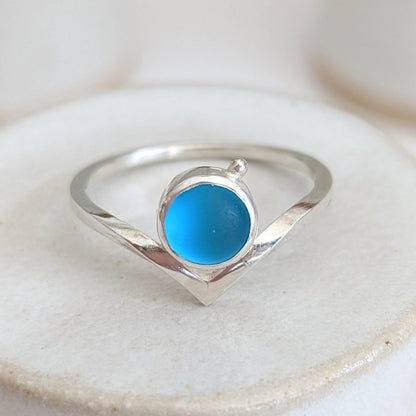 Bright Mesmerising Blue Sea Glass Wishbone Silver Ring - Booblinka Jewellery Birthday Gift for her
