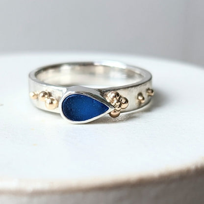 Blue Teardrop Sea Glass ring with gold granules - Booblinka Jewellery - alternative engagement ring