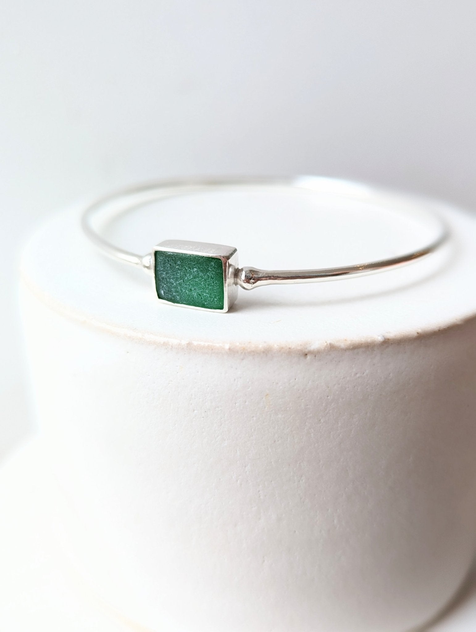 Coastal Charms: Rectangle Green Sea Glass Silver Bangle - Booblinka Jewellery