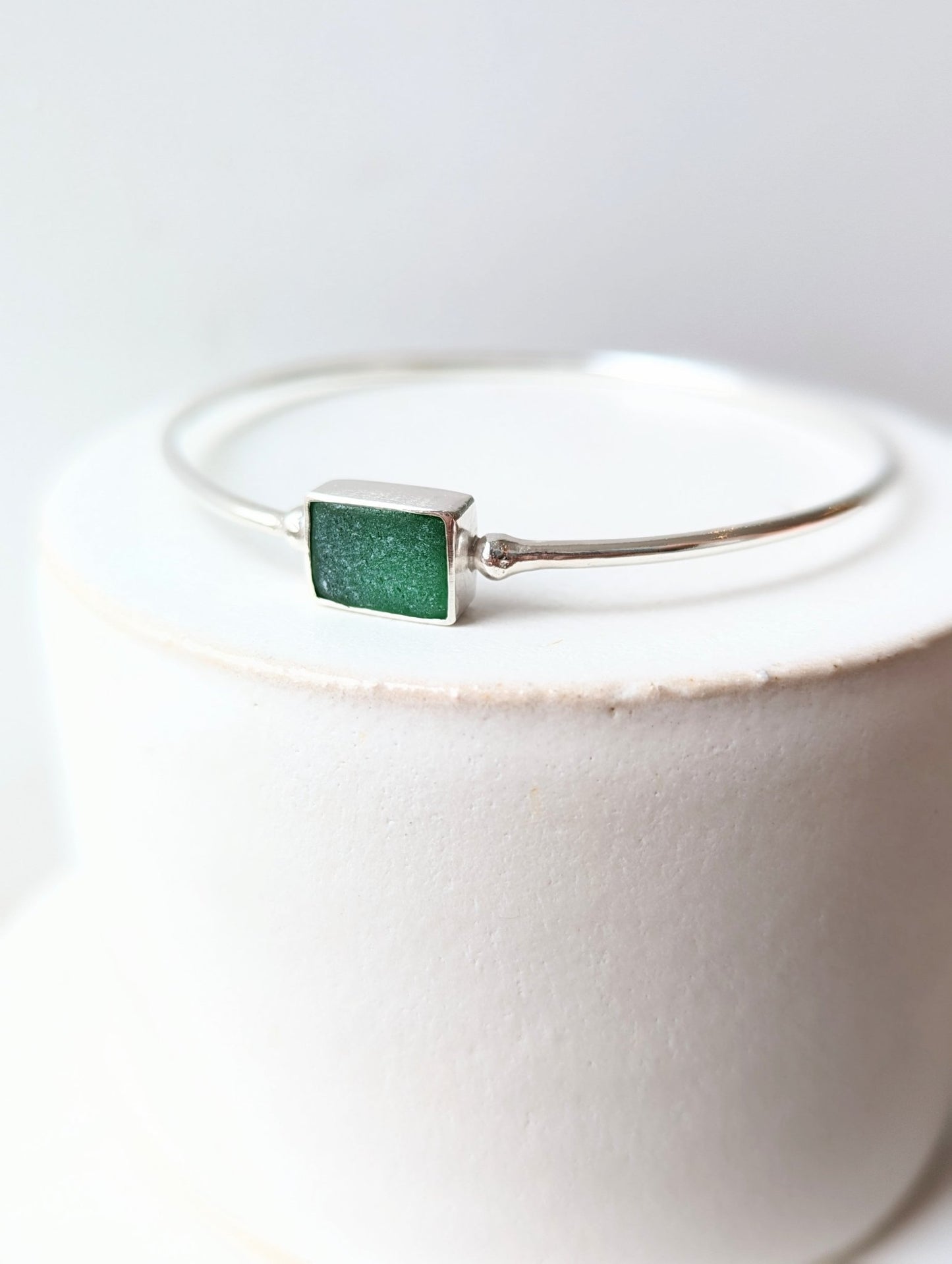 Coastal Charms: Rectangle Green Sea Glass Silver Bangle - Booblinka Jewellery