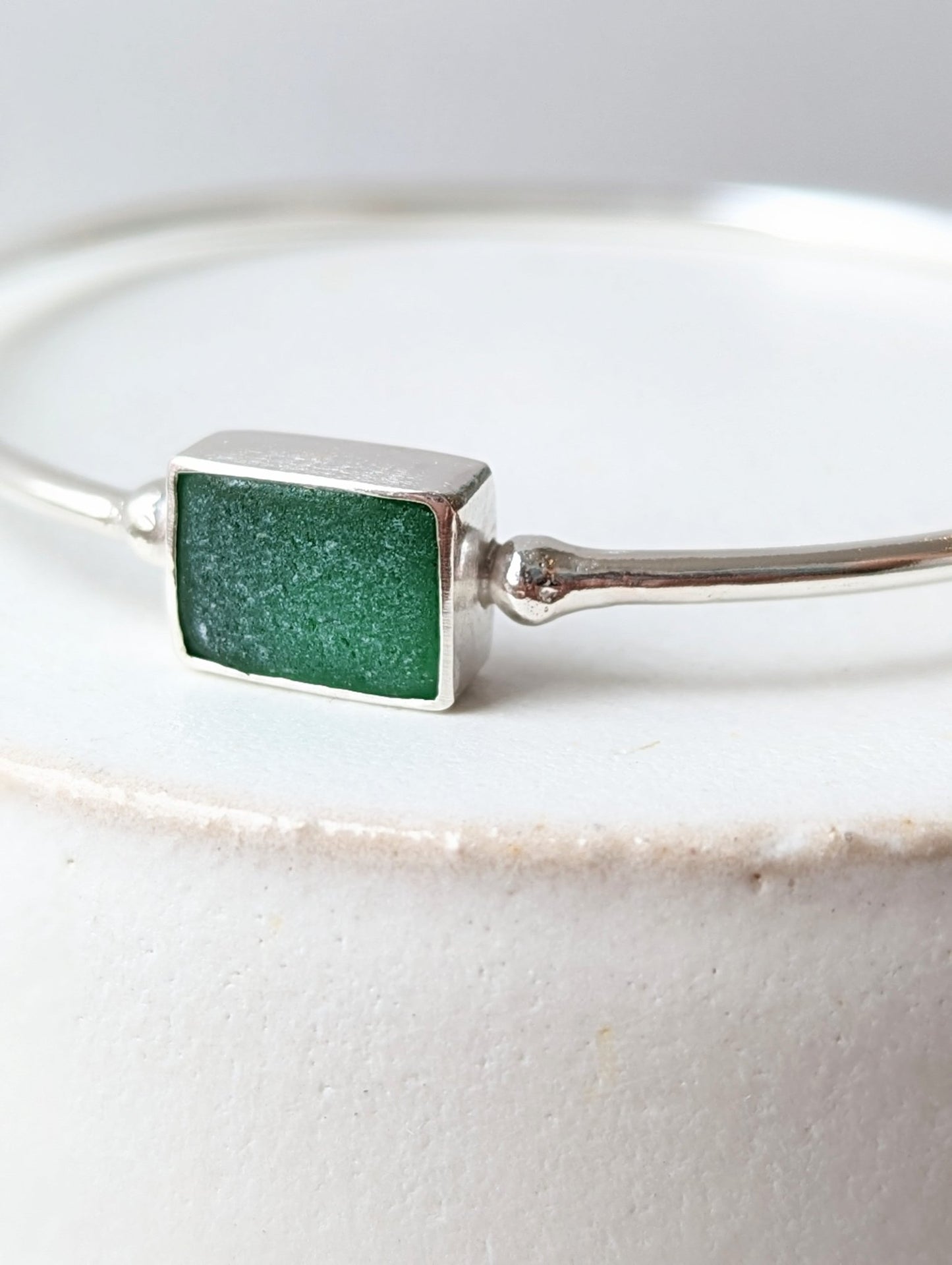 Coastal Charms: Rectangle Green Sea Glass Silver Bangle - Booblinka Jewellery