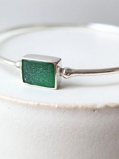 Rectangle Green Sea Glass Silver Bangle - Coastal CharmsbraceletBooblinka Jewellery