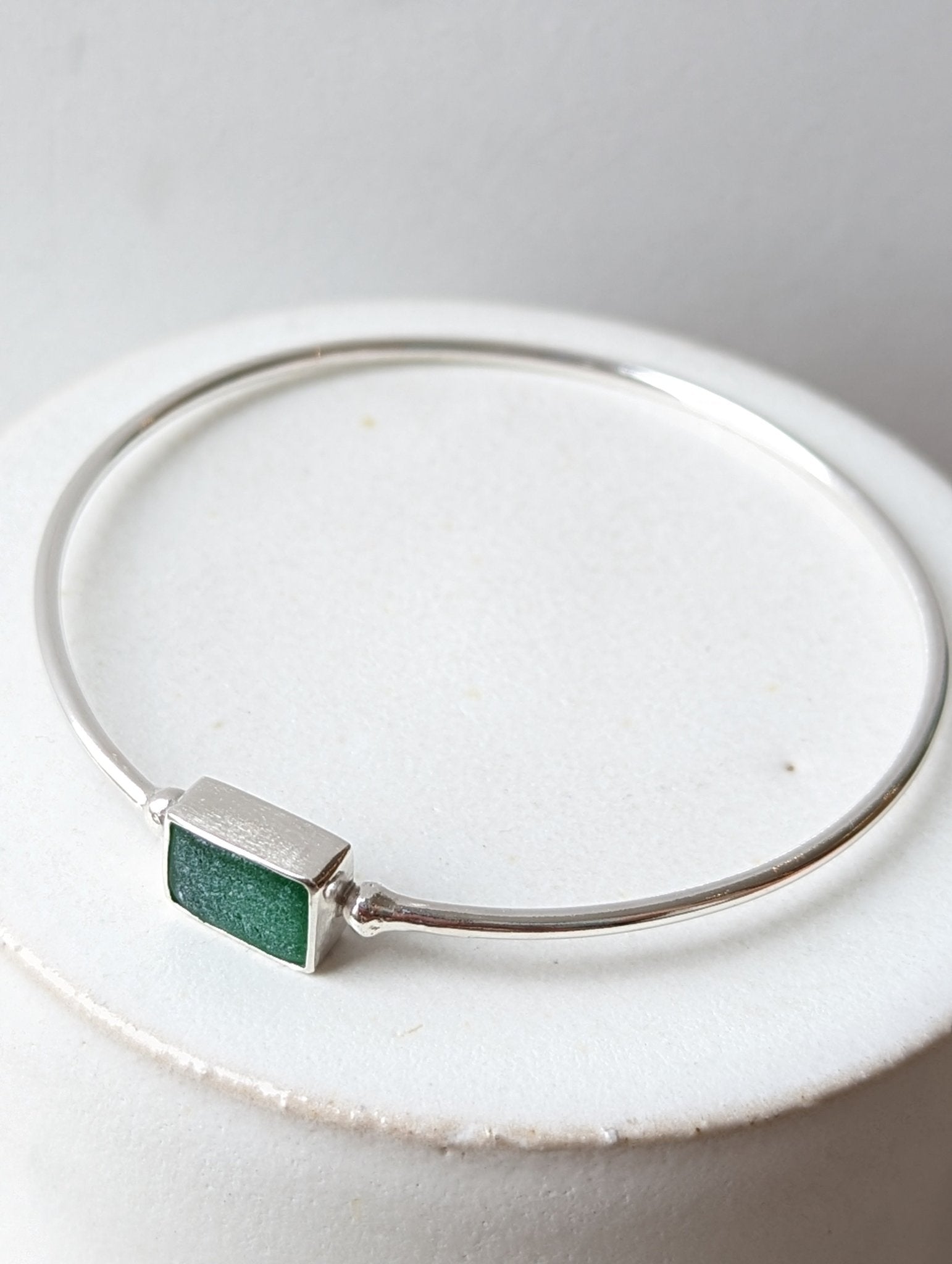 Coastal Charms: Rectangle Green Sea Glass Silver Bangle - Booblinka Jewellery