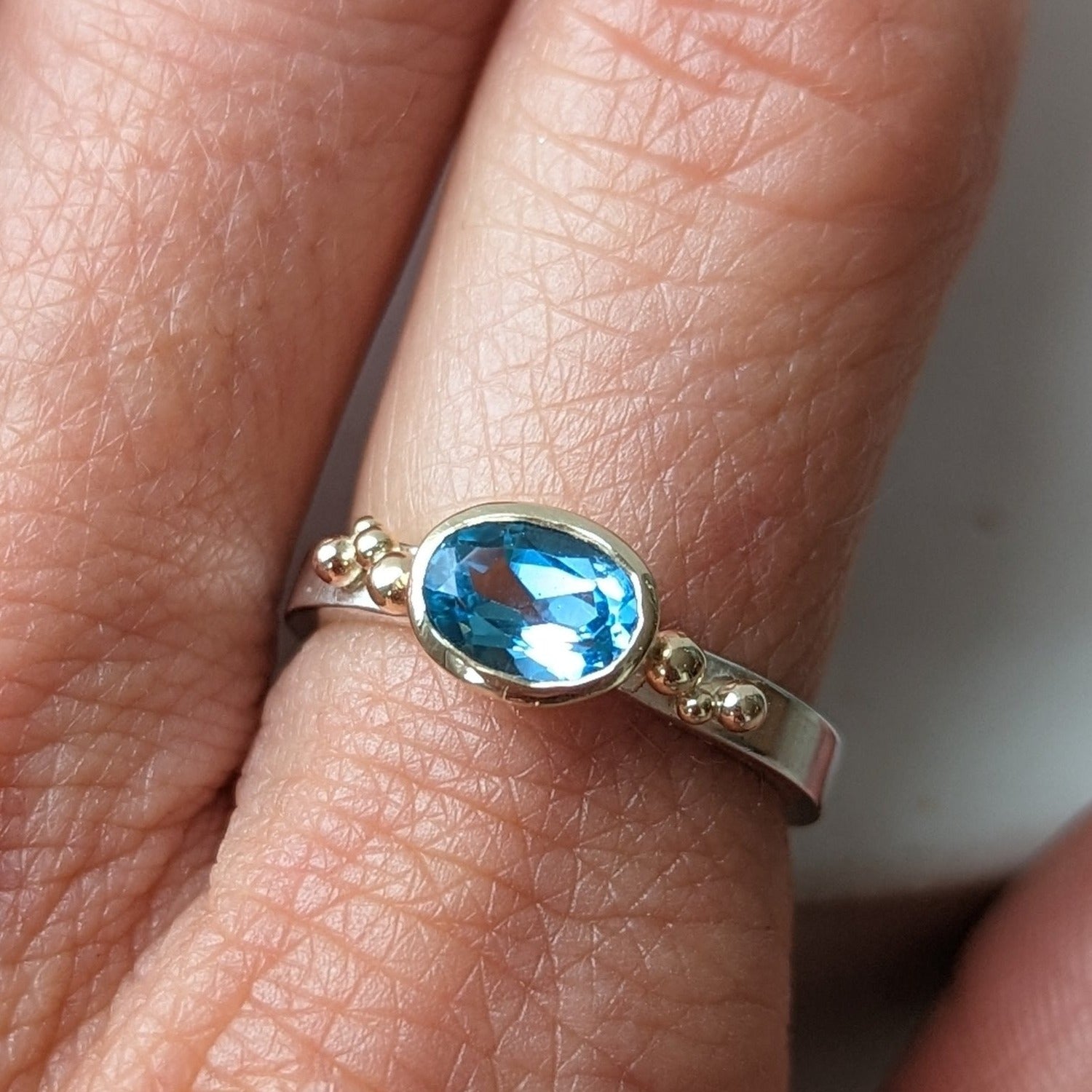 Maya Gold and Silver Ring with Swiss Blue Topaz - Ocean collection - Booblinka Jewellery