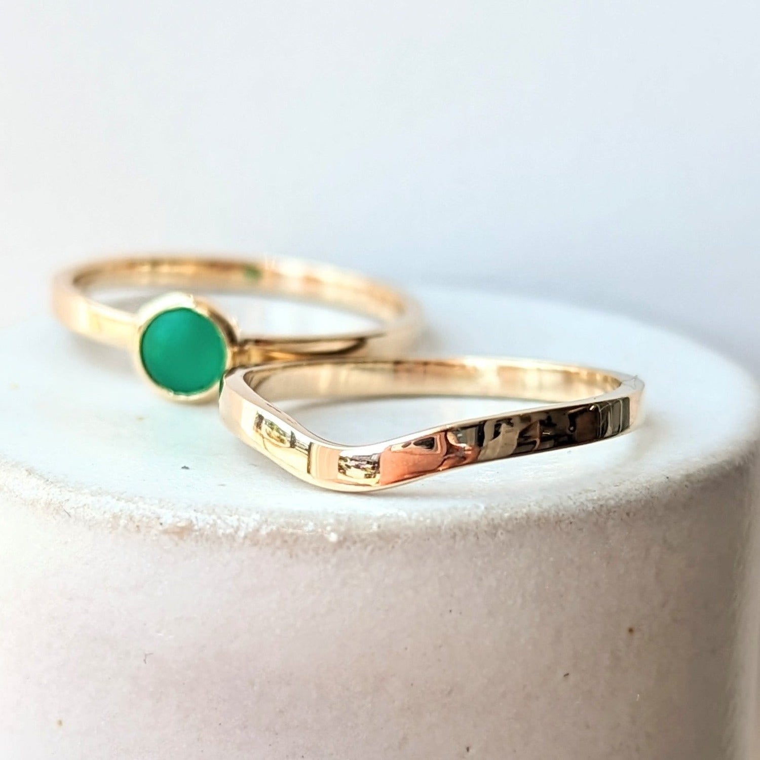 Green Sea Glass Engagement Stacking Rings in 9 Carat Yellow Gold - Booblinka Jewellery