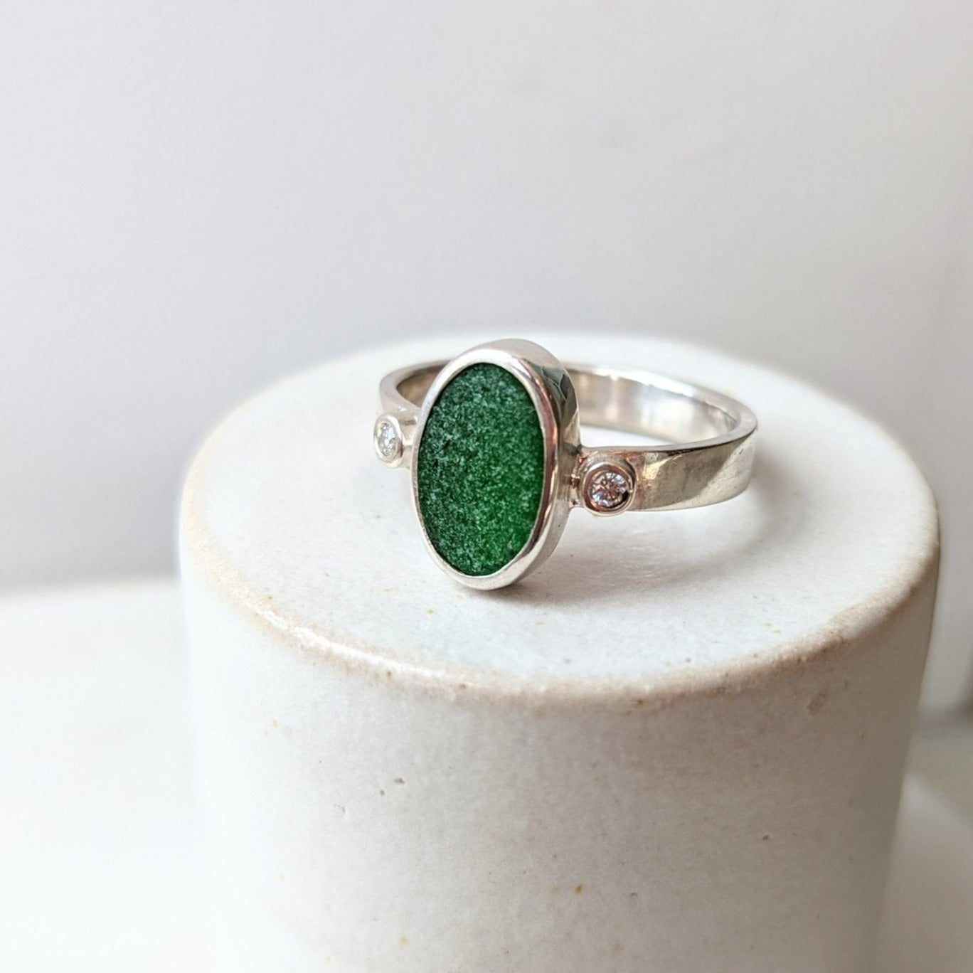 Sterling Silver Oval Green Cornish Sea Glass Ring with Two Moissanites - Booblinka Jewellery