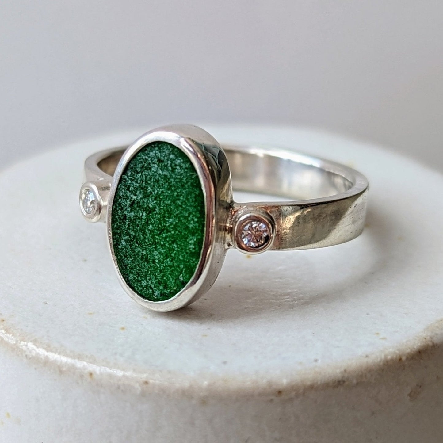 Sterling Silver Oval Green Cornish Sea Glass Ring with Two Moissanites - Booblinka Jewellery