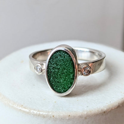 Sterling Silver Oval Green Cornish Sea Glass Ring with Two Moissanites - Booblinka Jewellery