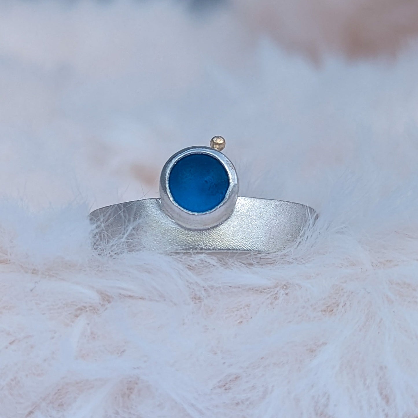 Solid silver chunky unisex ring with blue sea glass and satin finish