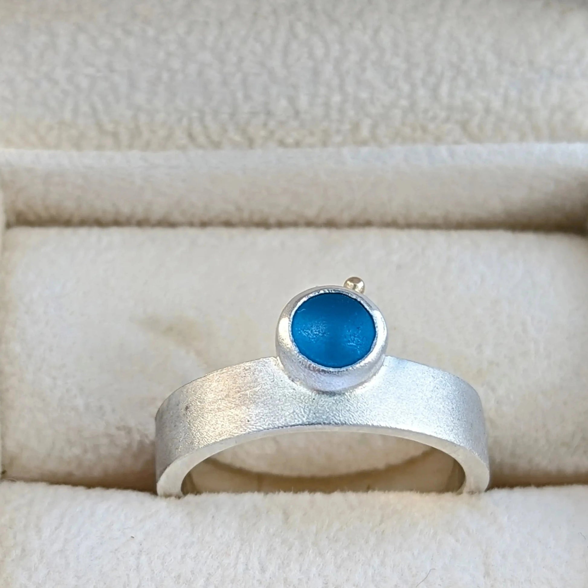 Blue Sea Glass Silver Chunky Ring in ivory jewellery box