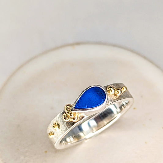 Blue Teardrop Sea Glass ring with gold granules - Booblinka Jewellery - alternative engagement ring