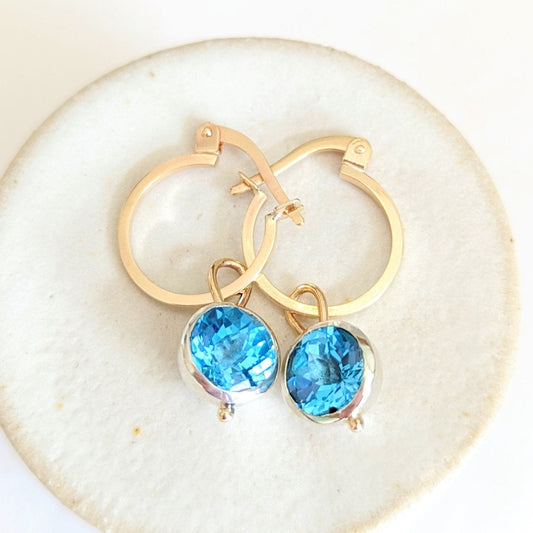 Gold hoop earrings with removable charms with Swiss blue topaz from Ocean Collection by Booblinka Jewellery