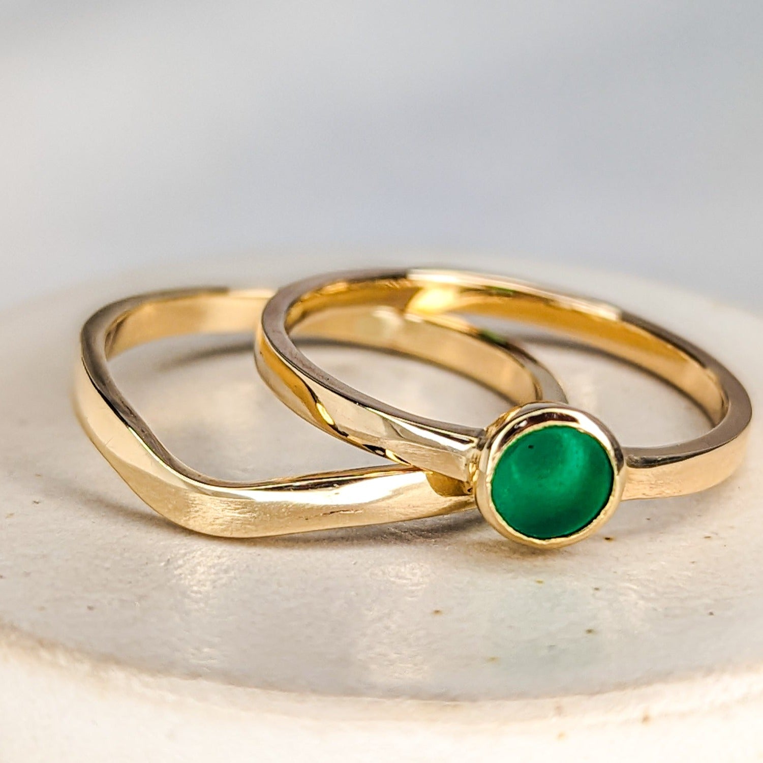 Green Sea Glass Engagement Stacking Rings in 9 Carat Yellow Gold - Booblinka Jewellery