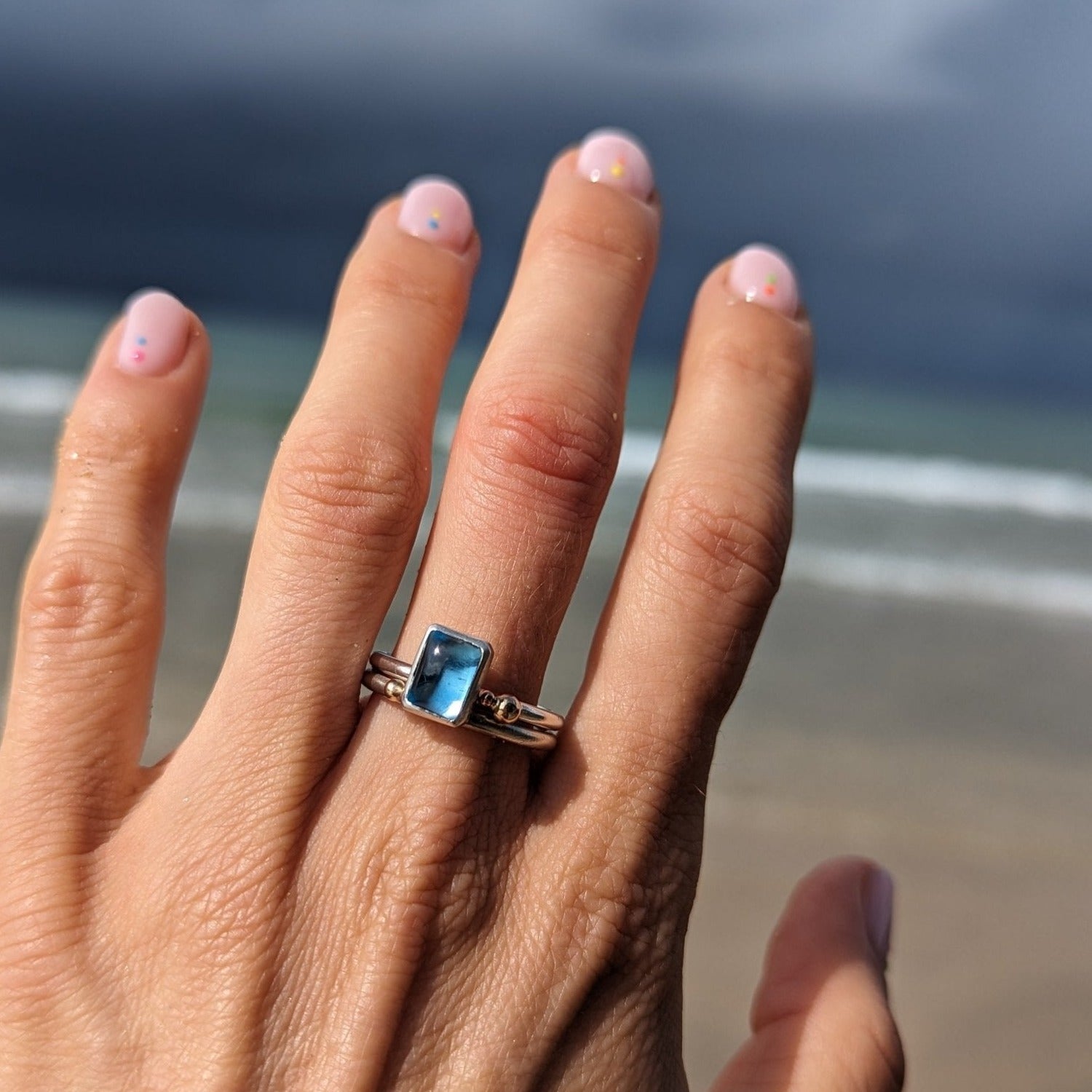 Silver Stacking Engagement Oblong Swiss Blue Topaz and Gold Granules - Ocean Collection - Booblinka Jewellery