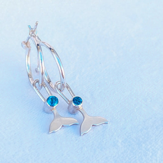 Silver hoop earrings with removable mermaid tails charms with Paraiba quartz by Booblinka Jewellery
