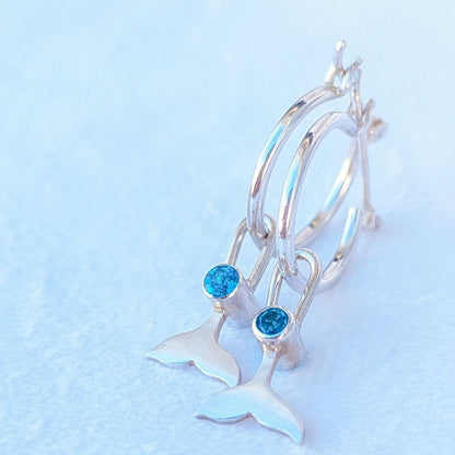 Silver hoop earrings with removable mermaid tails charms with Paraiba quartz by Booblinka Jewellery