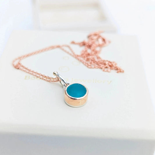 9 carat rose gold dainty necklace with round teal sea glass by Booblinka Jewellery 