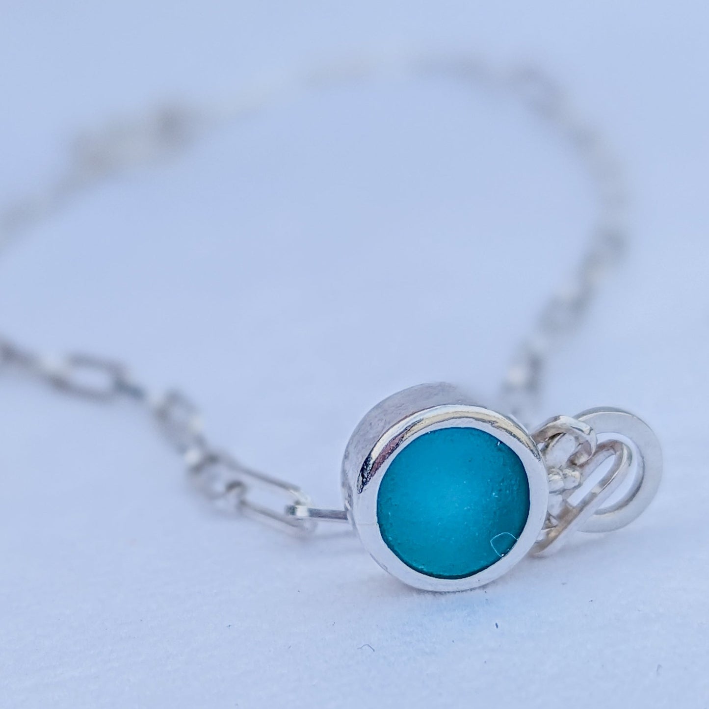 Silver paperclip chain teal sea glass choker with handmade clasp by Booblinka Jewellery