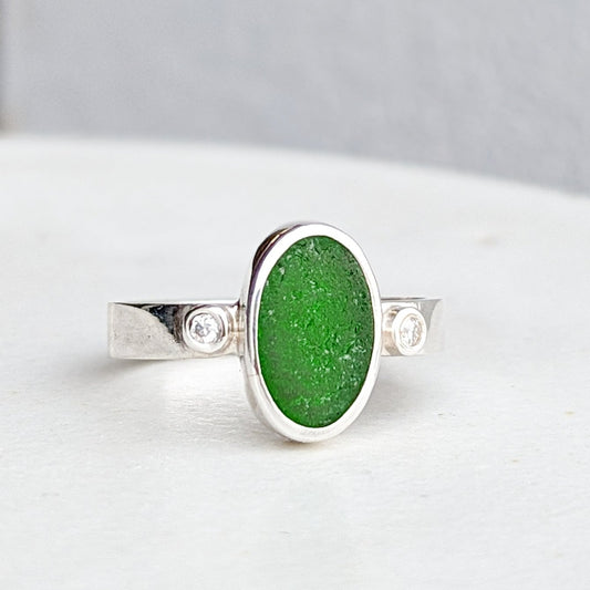 sterling-silver-oval-green-cornish-sea-glass-ring-with-two-moissanites-by-booblinka jewellery
