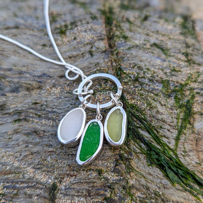 Silver white and green sea glass cluster necklace by Booblinka Jewellery