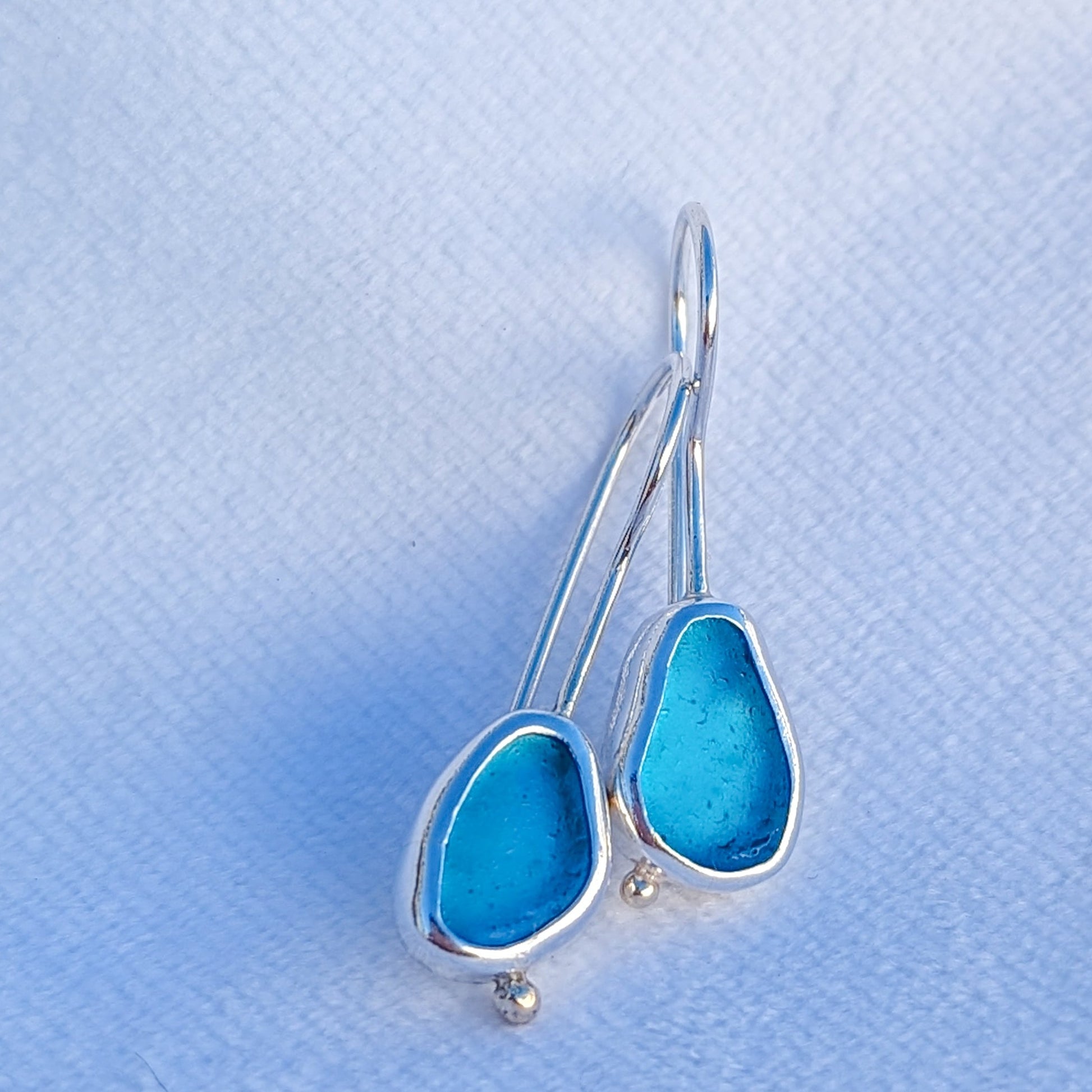 Turquoise sea glass Silver Drop Earrings with Gold Granule by Booblinka Jewellery