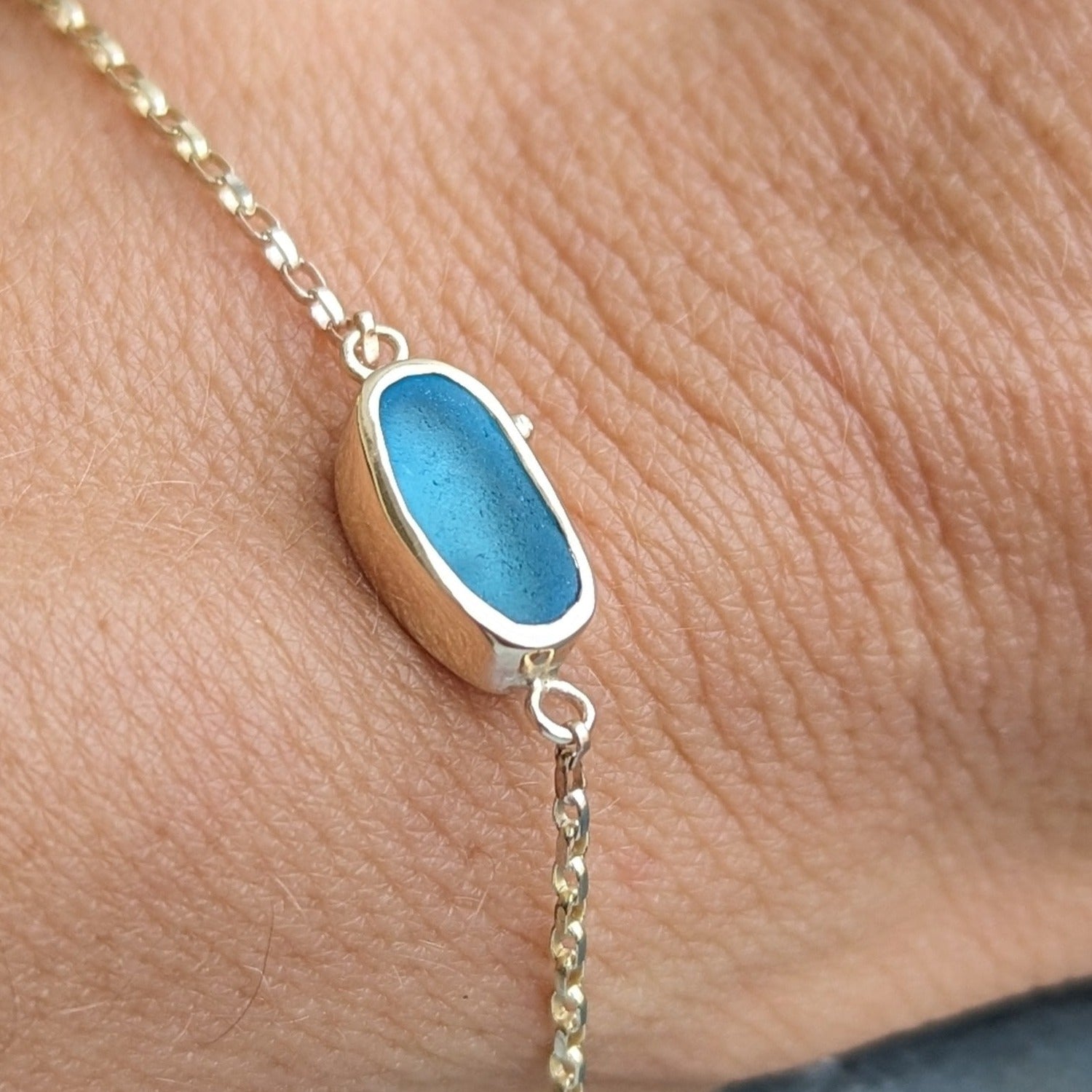 Turqouise sea glass 9 carat gold adjustable bracelet by Booblinka Jewellery