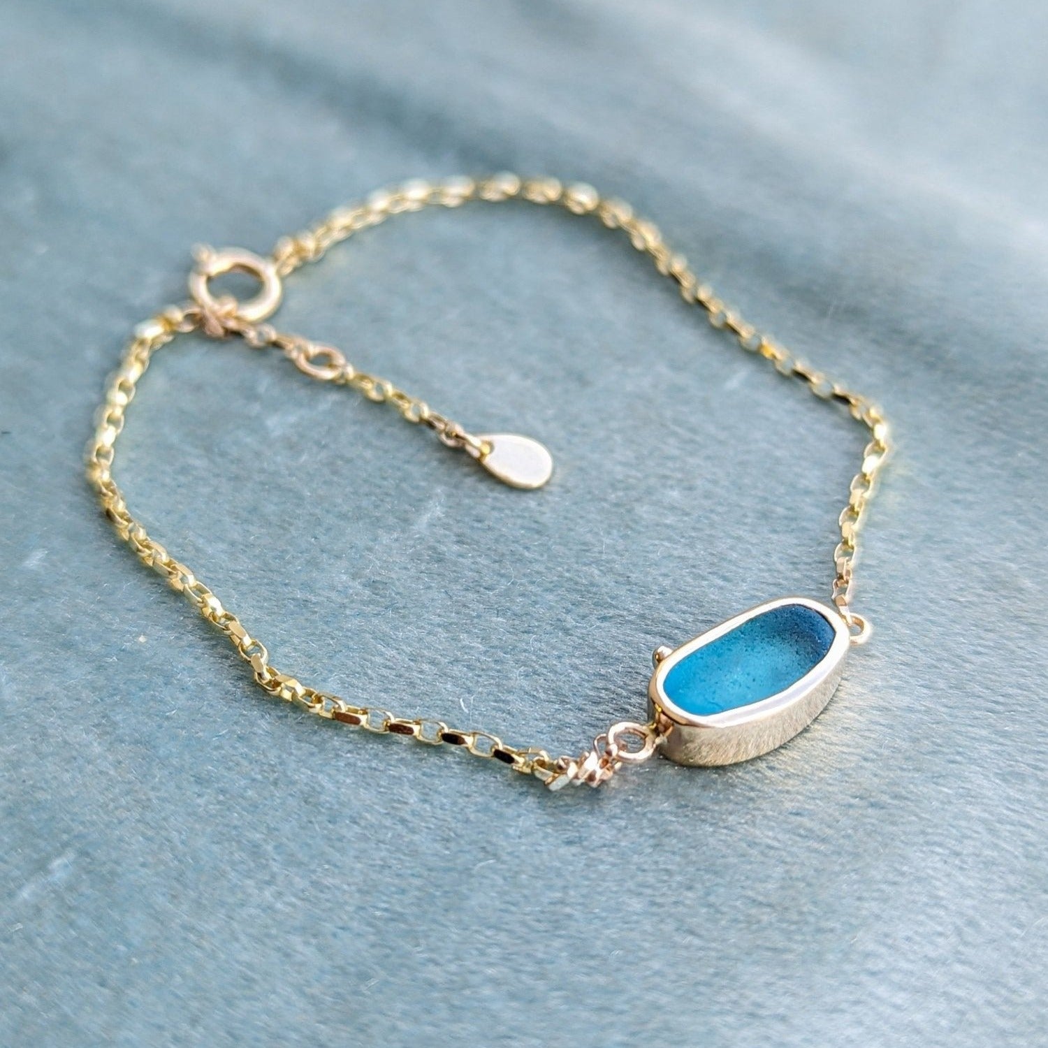 Turqouise sea glass 9 carat gold adjustable bracelet by Booblinka Jewellery